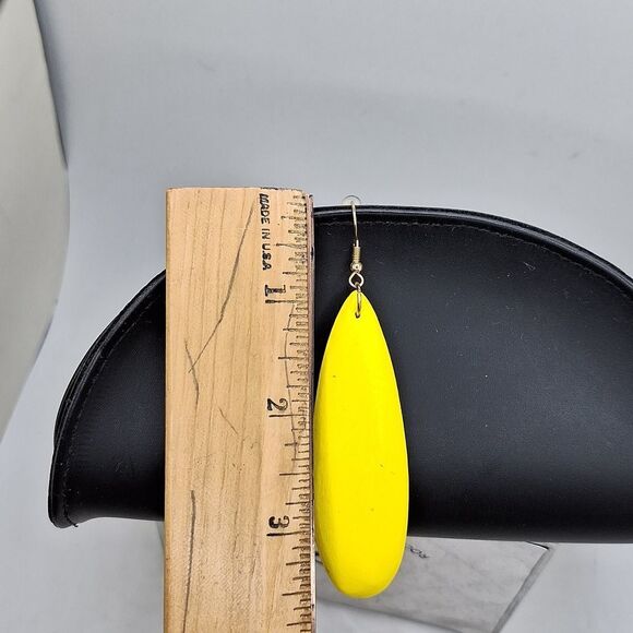 Long Yellow drop earrings tear drop  shape wood jewelry handmade - Picture 3 of 4